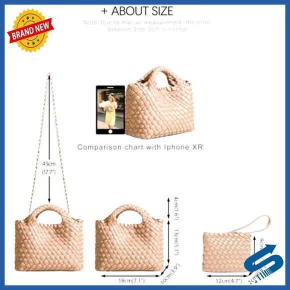 Woven Vegan Leather Tote Crossbody Bag Foldable Chain Hobo Satchel Minimal Chic